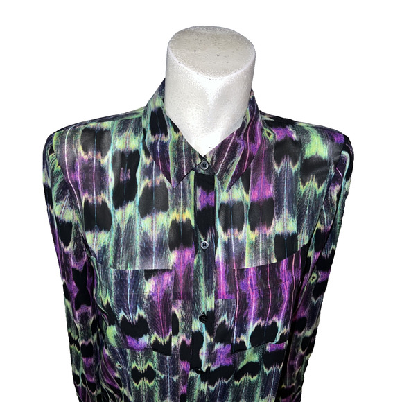 Nanette Lepore L'AMOUR Top Sz L Black Purple Green Button LS Keyhole Back Blouse - Picture 2 of 6